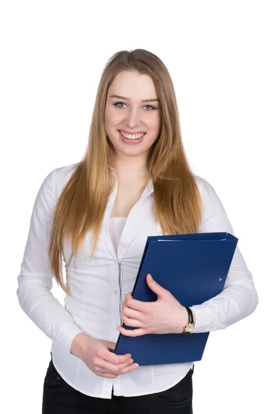 Mujer joven sostiene un archivo — Foto de Stock