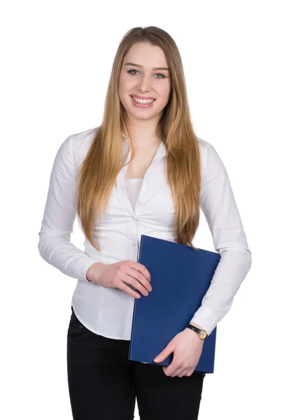 Mujer joven sostiene un archivo — Foto de Stock