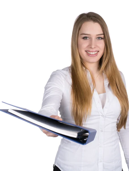 Young woman hands over a file — Stock Photo, Image