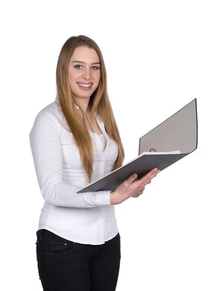 Young woman holds an opened file — Stock Photo, Image