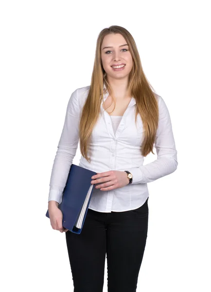 Joven mujer sostiene un archivo azul — Foto de Stock