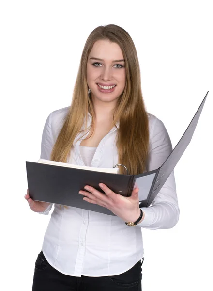 Young woman holds an opened file — Stock Photo, Image