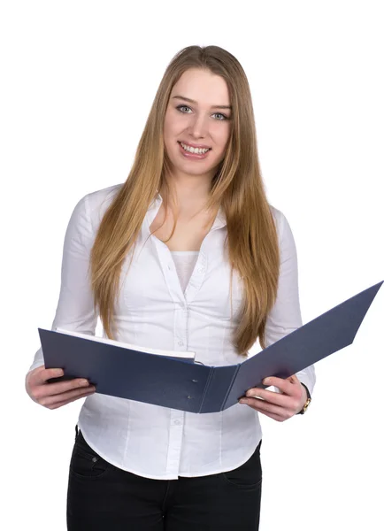 Young woman holds an opened file — Stock Photo, Image