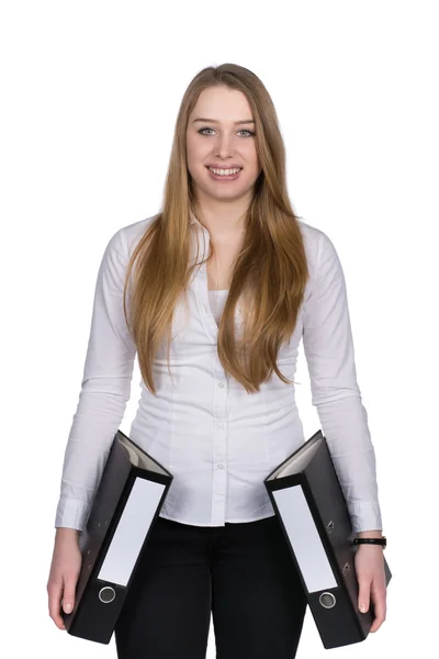 Young woman holds two files — Stock Photo, Image