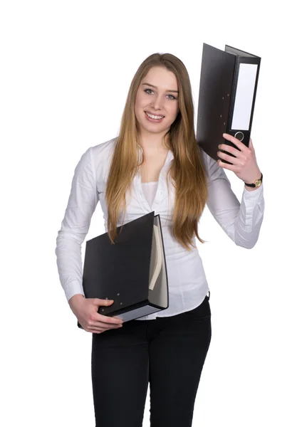 Young woman holds two files — Stock Photo, Image