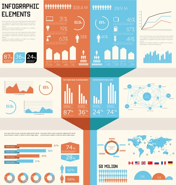 Conjunto de infografías vintage. Mapa del mundo y gráficos de la información — Archivo Imágenes Vectoriales