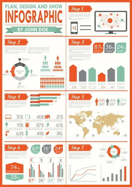 Conjunto de infografías vintage. Mapa del mundo y gráficos de la información — Archivo Imágenes Vectoriales