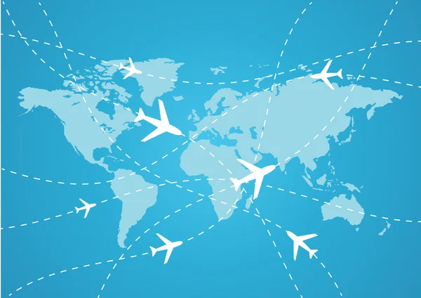 Vector mapa de viaje del mundo con aviones Vectores de stock libres de derechos