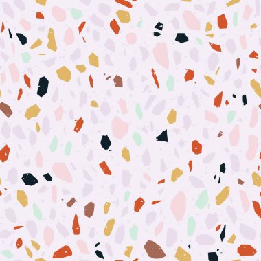 Terrazzo Kusursuz Desen. Granit, Venedik mermeri, kuvars, cam mozaik. Dekoratif Lüks Taş Şırıngalar, Fişler, Renk Arkaplanı. El yapımı Grafik Duvar Kağıdı. Soyut Renkli Arkaplan. Retro Vintage Modern Doku. Açık Pastel Pembe, Bebek Mavisi