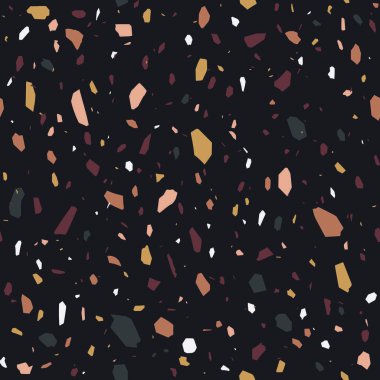 Terrazzo Kusursuz Desen. Granit, Venedik mermeri, kuvars, cam mozaik. Dekoratif Lüks Taş Şırıngalar, Fişler, Renk Arkaplanı. El yapımı Grafik Duvar Kağıdı. Soyut Renkli Arkaplan. Retro Vintage Modern Doku. Koyu, siyah, kahverengi, altın, pembe