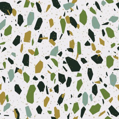 Terrazzo Kusursuz Desen. Granit, Venedik mermeri, kuvars, cam mozaik. Dekoratif Lüks Taş Şırıngalar, Fişler, Renk Arkaplanı. El yapımı Grafik Duvar Kağıdı. Soyut Renkli Arkaplan. Retro Vintage Modern Doku. Açık Taş, Kum, Altın, Yeşil