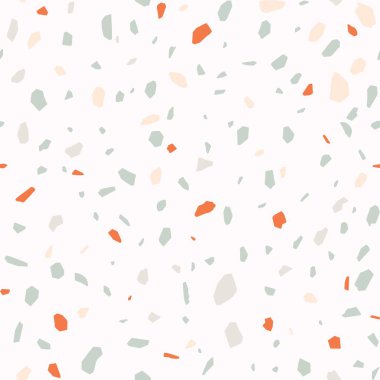 Terrazzo Kusursuz Desen. Granit, Venedik mermer kuvars cam mozaiği. Dekoratif Lüks Taş Şırıngalar, Fişler, Renk Arkaplanı. El yapımı Grafik Duvar Kağıdı. Soyut Renkli Arkaplan. Retro Vintage Modern Doku. Açık Pastel Mavi Pembe Fildişi Turuncu