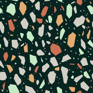 Terrazzo Kusursuz Desen. Granit, Venedik mermeri, kuvars, cam mozaik. Dekoratif Lüks Taş Şırıngalar, Fişler, Renk Arkaplanı. El yapımı Grafik Duvar Kağıdı. Soyut Renkli Arkaplan. Retro Vintage Modern Doku. Koyu yeşil Turuncu Siyah Altın