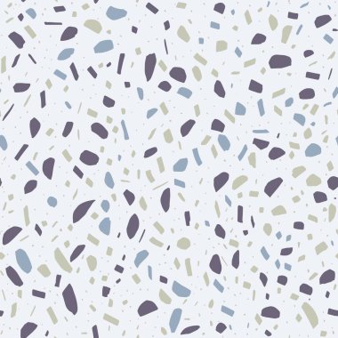 Terrazzo Kusursuz Desen. Granit, Venedik mermeri, kuvars, cam mozaik. Dekoratif Lüks Taş, Çipler, Renkli Arkaplan. El yapımı Grafik Duvar Kağıdı. Soyut Renkli Arkaplan. Retro Vintage Modern Doku. Açık Pastel Mavi Gri Kahverengi Yeşil