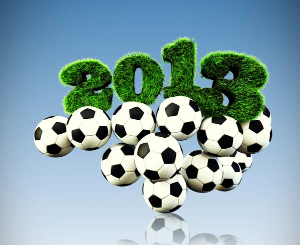 3D-2013 jaar gras tekst, titel met voetballen in lucht — Stockfoto