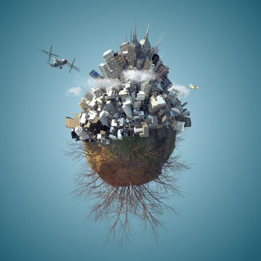 3D dünya gezegen ile gün içerisinde binaların dolu