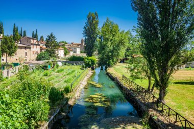 Eski ortaçağ köyü Bevagna 'yı geçen Chiasco Nehri. Perugia, Umbria, İtalya. Ağaçlar, bitki örtüsü, ekilmiş bahçeler. Durgun suyun yüzeyinde yeşil algler var..