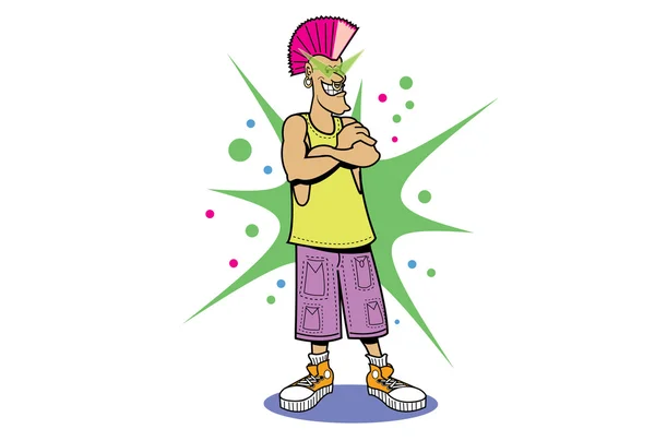 Retro 1980s cartoon style punk rocker or new waver with a mohawk, sunglasses and dressed in eighties style clothing. — Stock Photo, Image