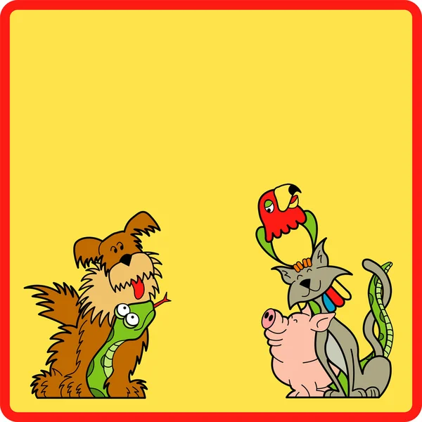 Gelber Hintergrund mit roter Linie, Hund, Schlange, Schwein, Katze und Papagei — Stockvektor