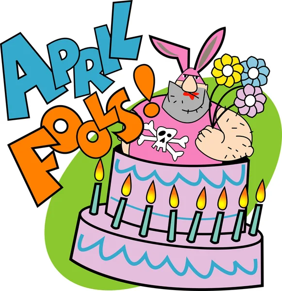 Hombre con un traje de conejo saliendo de un pastel de abril tontos — Vector de stock