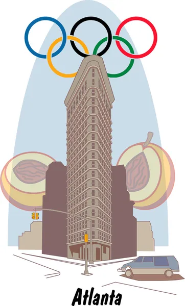 Olympic rings over a building in Atlanta Georgia — Stock Vector