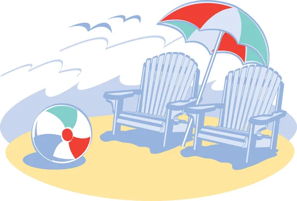 Sedie da spiaggia in legno blu sotto un ombrellone — Vettoriale Stock