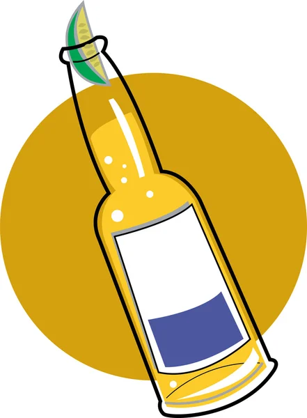 Кусок лайма, лежащий на вершине полной бутылки пива — стоковый вектор