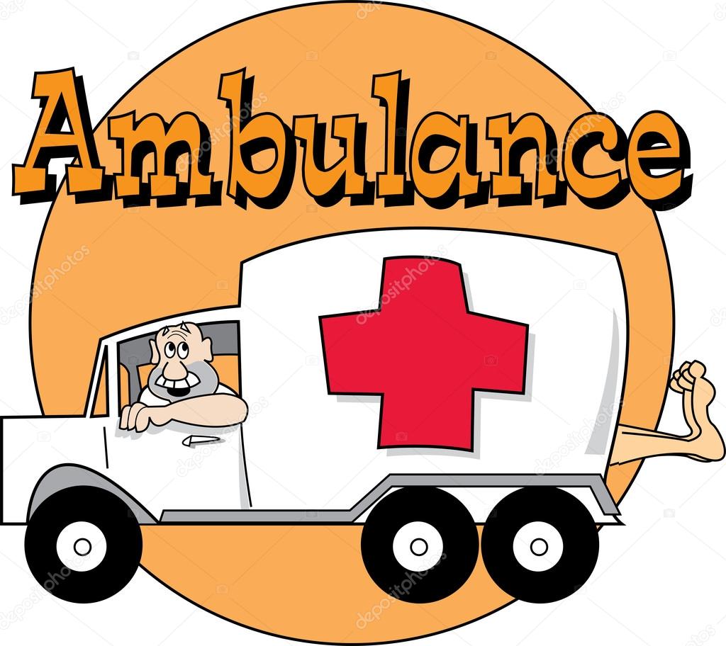 Man driving an ambulance with a patient's foot sticking out of the back