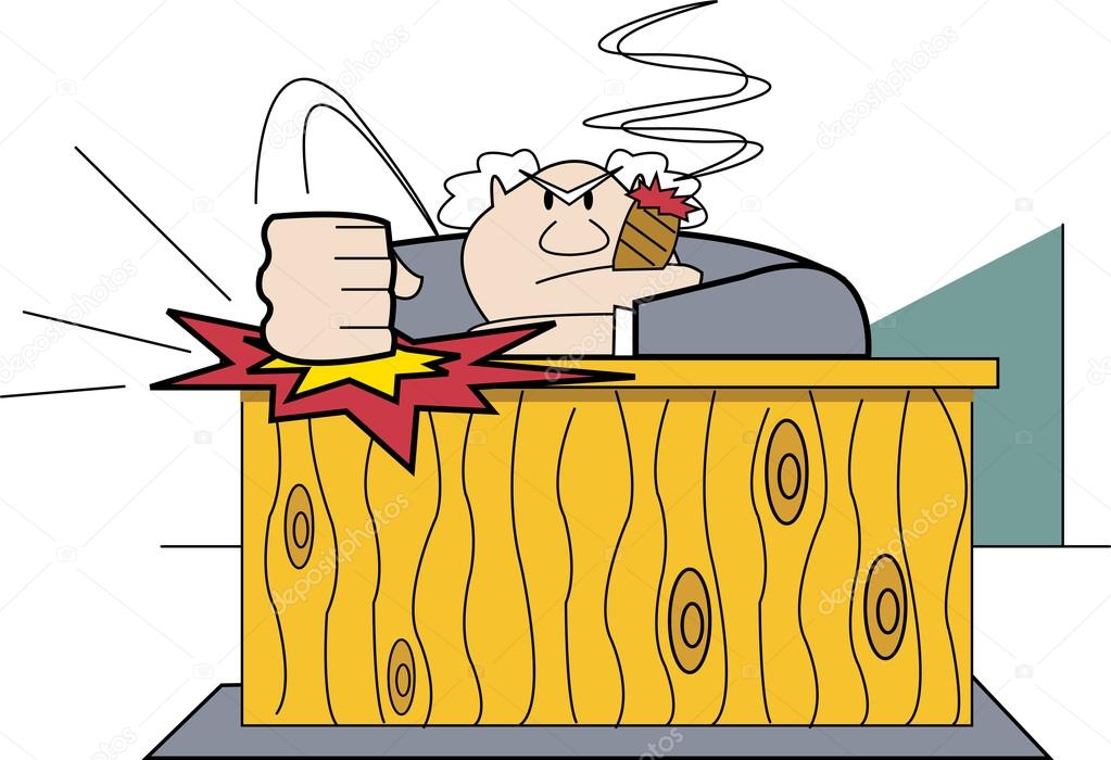 Angry boss smoking a cigar and slamming his fist down on his desk