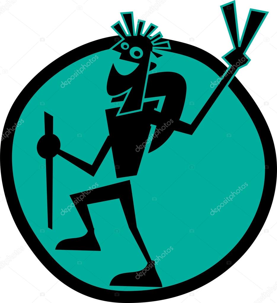 Backpacker dude gesturing the peace sign, over a blue circle, on a white background