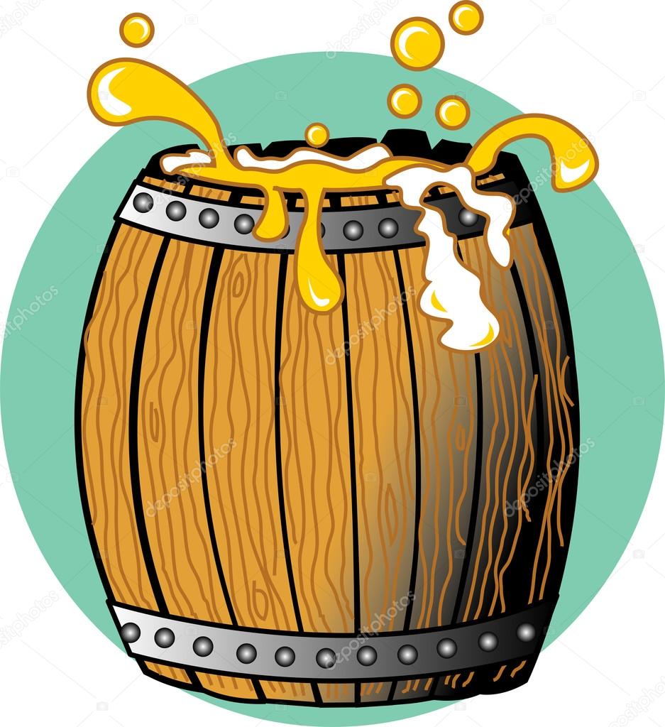 Golden beer splashing over the top of a wooden barrel