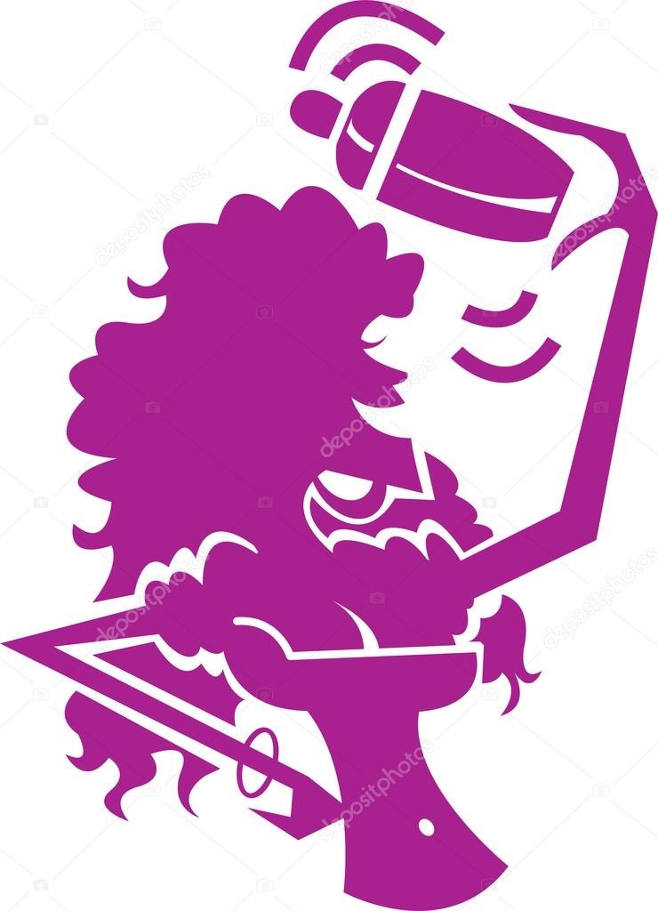 Busty female bartender mixing drinks and having a blast, silhouetted in purple, on a white background