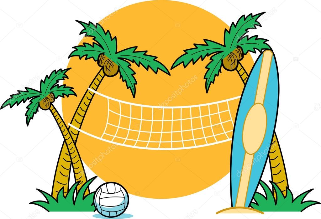 Surfboard leaning against a palm tree near a beach volleyball net