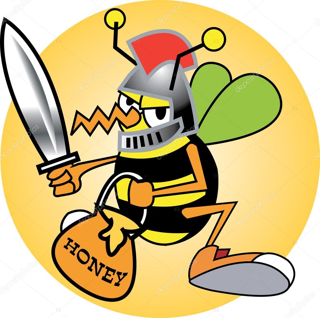 Bee in a helmet, holding a sword and carrying a bucket of honey