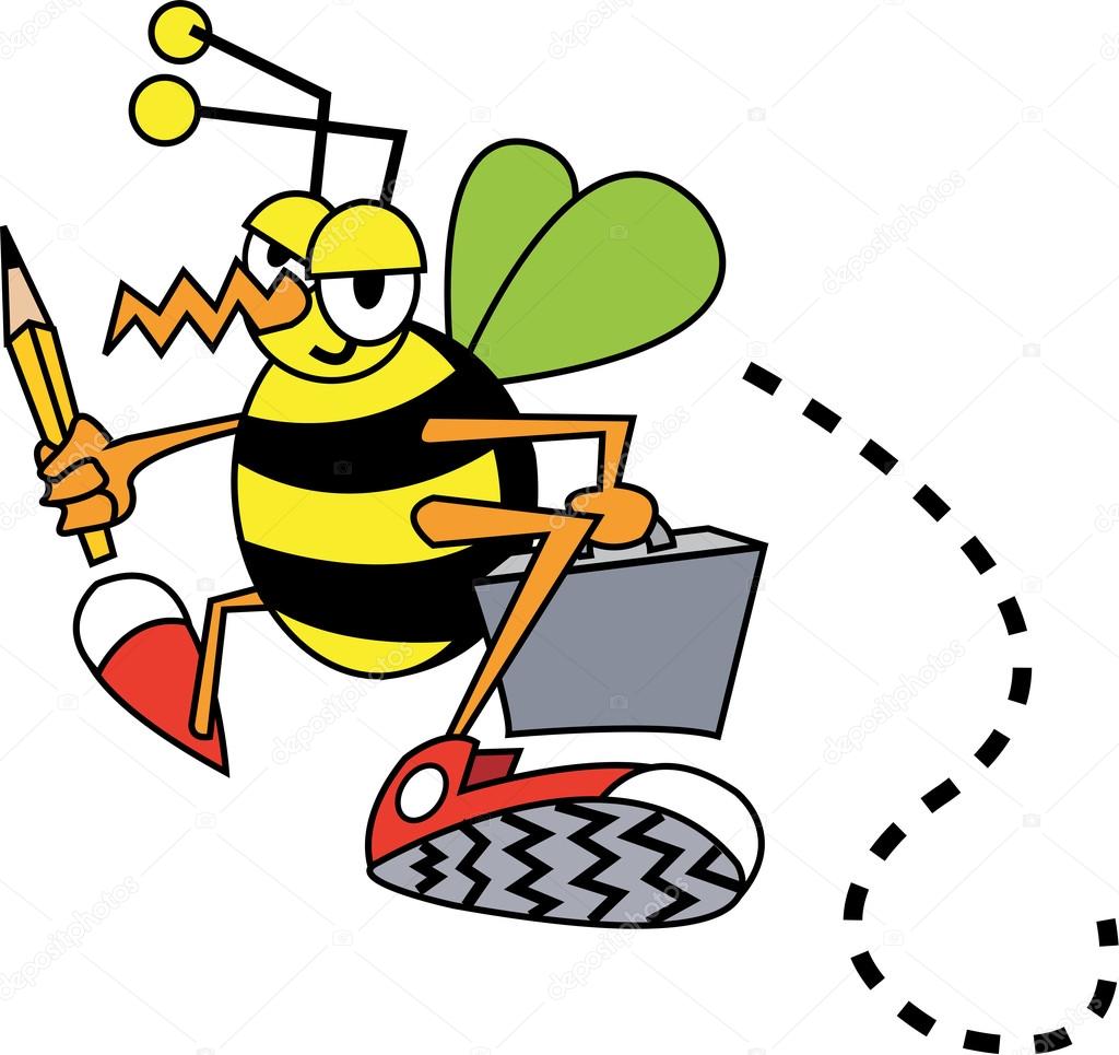 Busy bee carrying a pencil and briefcase while flying to work