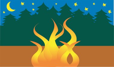 Flaming campfire near a thick forest of evergreen trees under a starry night sky clipart