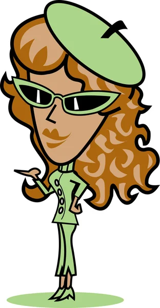 Mujer retro en un sombrero verde, gafas de sol y traje, de pie y presentando — Vector de stock