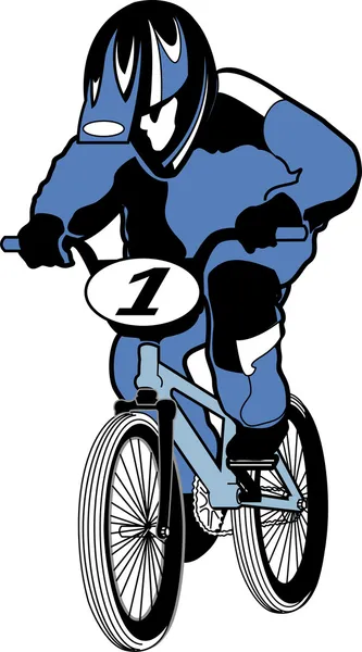 BMX motorista en un uniforme azul y casco, carreras de su bicicleta — Vector de stock