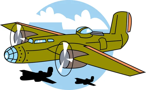 Green bomber plane flying near other planes — Stock Vector