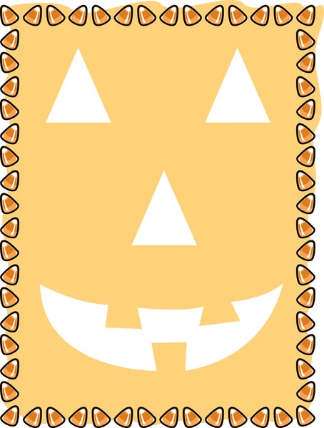 Orange background with a jack o lantern face and a border of candy corn — Stock Vector