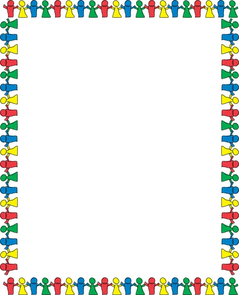 Stationery border of colorful paper dolls holding hands and bordering — Stock Vector