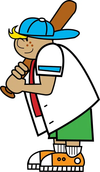 Ragazzo biondo macchiato che indossa un cappello e tiene una mazza da baseball mentre gioca — Vettoriale Stock