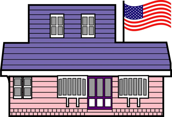Edificio con bandera americana en poste ondeando en el viento — Vector de stock