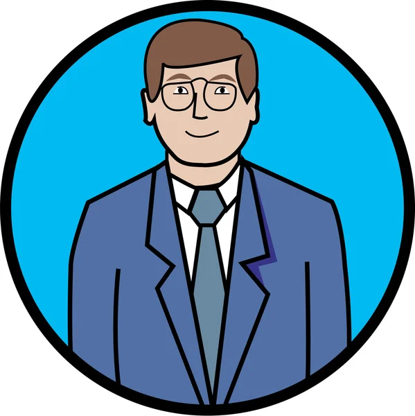 Empresario profesional en traje azul y camisa blanca, con gafas — Vector de stock