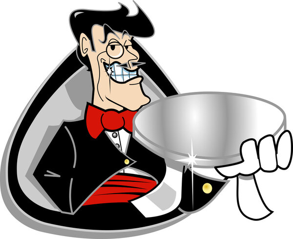 Friendly male butler smiling while holding out a platter