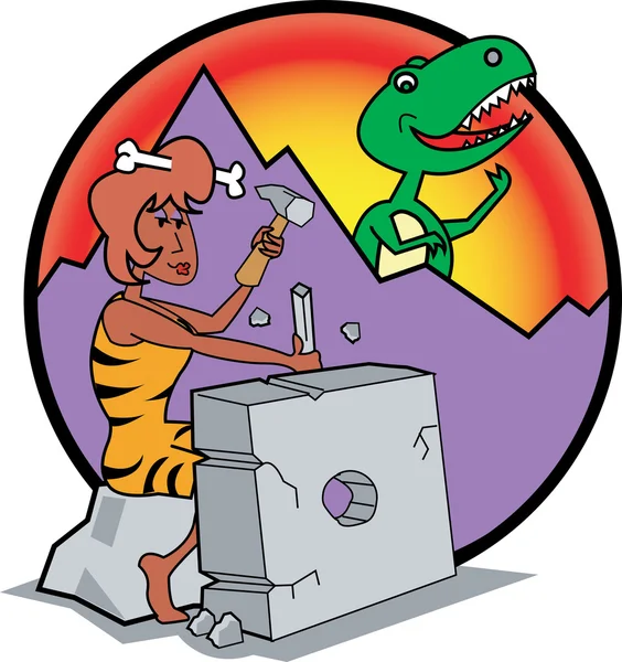 Prehistoric Cavewoman Chiseling a Modern Appliance — Stock Vector