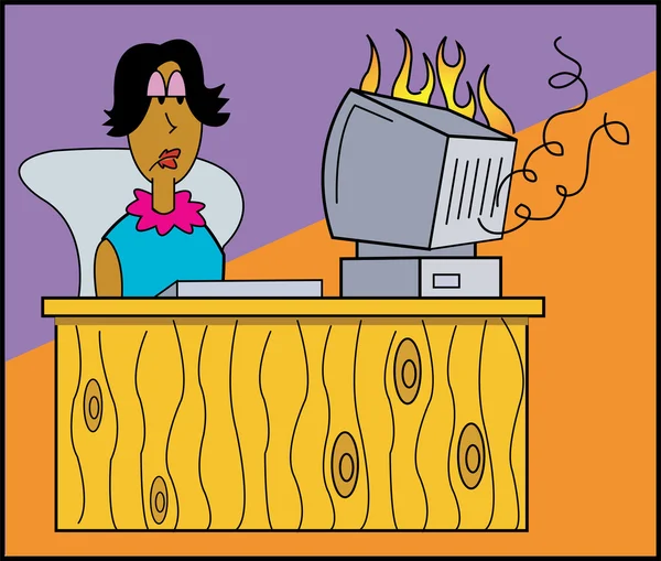 Woman Sitting At A Desk And Watching her computer burn — Stock Vector