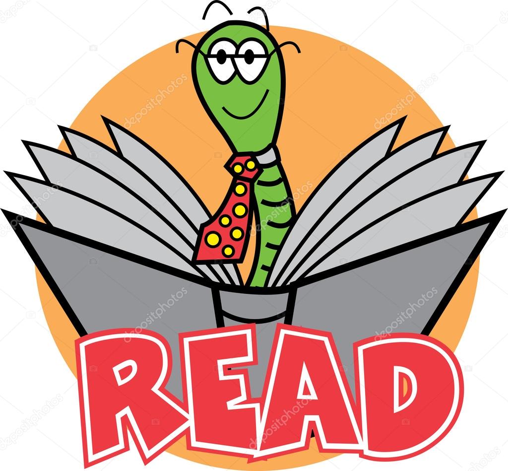 Happy male green worm wearing a tie and reading a book
