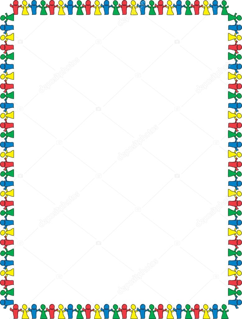Stationery border of colorful paper dolls holding hands and bordering