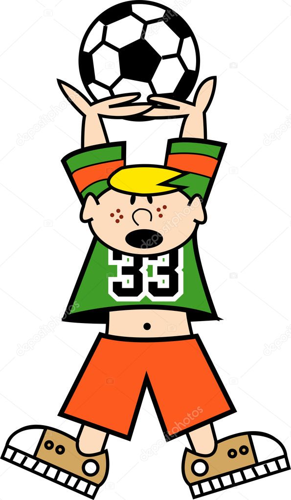 Freckled blond haired boy holding a soccer ball high up above his head